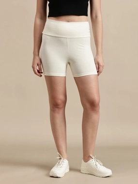 ECOLORE Off White Plain Wide Elastic Waistband Shorts