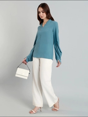Mish Solid Balloon Sleeve Mandarin Collar Blouse