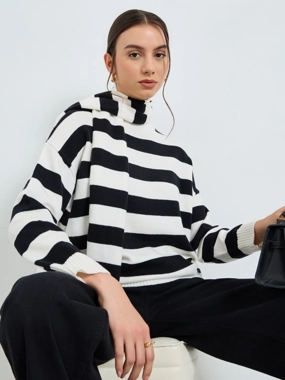 Take Two Striped Relaxed Fit Sweater with Neck Scarf