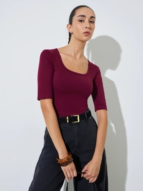 Styli Burgundy Heavyweight Fitted Square Neck T-Shirt