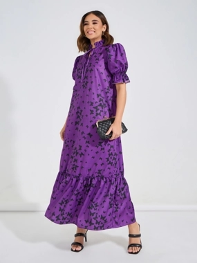 Take Two All Over Butterfly Print Tie-Up Neck Maxi Dress
