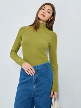 Styli Green Ribbed Knit High Neck Top