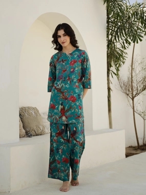Sanskrutihomes Pure Cotton Printed Notch Neck Top and Pyjama Set