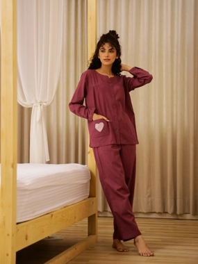 Sanskrutihomes Women Solid Long Sleeve Pure Cotton Shirt and Pyjama Set