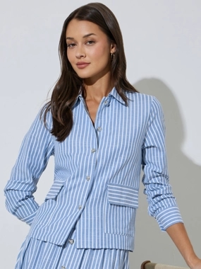 Styli Blue Striped Long Sleeves Crop Shirt