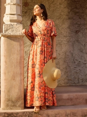 Sassafras Orange Floral Print Belted A-Line Maxi Dress