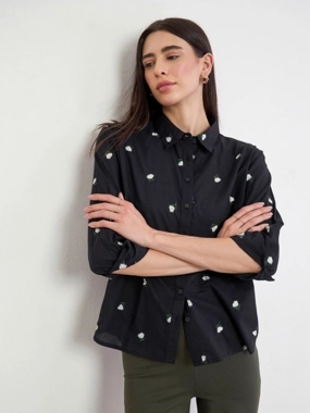 Styli Black Floral Embroidered 3/4 Sleeve Shirt