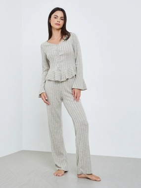 Styli Women Grey Ribbed Knit Top and Pyjama Set