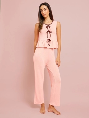 Styli Front Bow Detail Top & Pants Pajama Long Sets