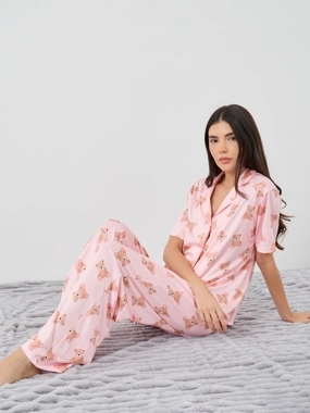 Take Two Bear Print Short Sleeve Shirt and Pyjama Set