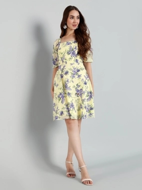 Mish Women Yellow Floral Knee Length Dress