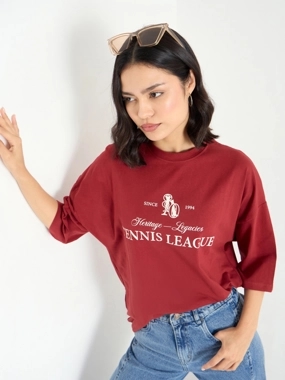 Styli Red Oversized 100% Cotton T-Shirt with Dropped Shoulder