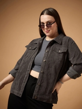 Sassafras Plus Size Front Button Corduroy Jacket