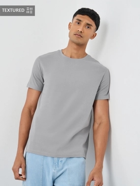 Styli Men Grey Popcorn Textured Knit Crew Neck T-Shirt