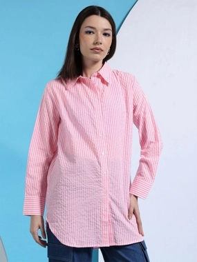 Freehand Women Pink Striped Oversized Shirt