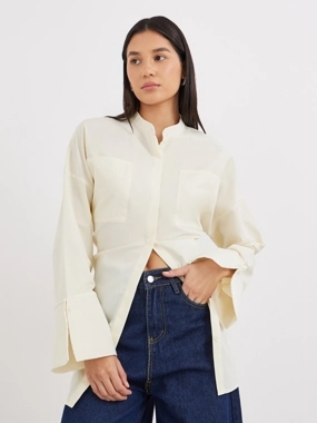 Styli Cream Relaxed Fit Longline Shirt with Pockets