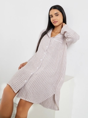 Styli Unwind Woven Linen Look Stripe Buttoned Nightshirt Dress