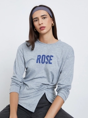 Styli Grey Slogan Print Knot Detail T-Shirt