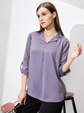 Globus Women Mauve Roll Up Sleeves Satin Top