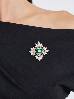 Styli Gold-Tone Emerald and Crystal Brooch