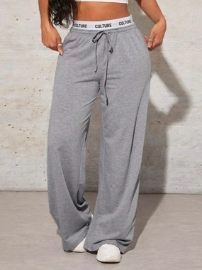 Take Two Solid Text Print Drawstring Waist Wide Leg Pants