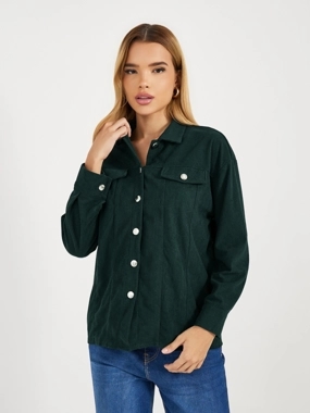 Styli Relaxed Fit Corduroy Shirt with Metal Button