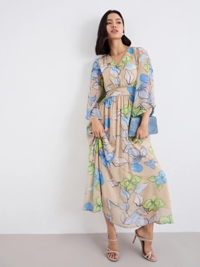 Styli Multi Floral Maxi Dress with Volume Sleeves