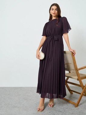 Styli Women Pleated Maxi Dress With Tie-Belt