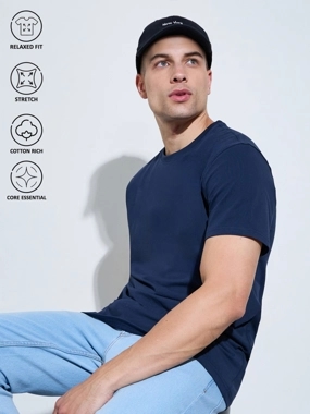 Styli Men Navy Blue Crew Neck Regular Fit T-Shirt