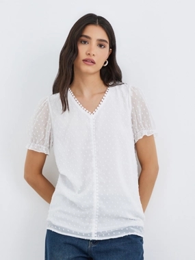Take Two Textured V Neck Lace Trim Puff Sleeve Top