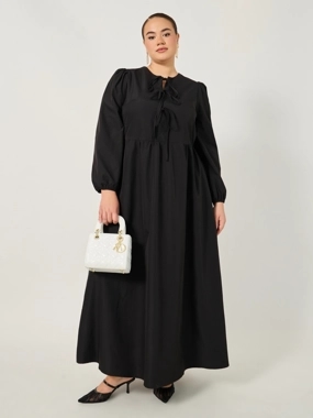 Styli Solid A-Line Maxi Dress with Tie-Up Bow Detail