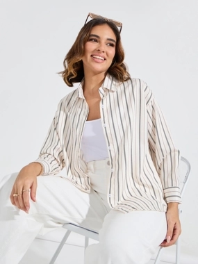 Take Two Striped Print Button Placket Oversized Shirt