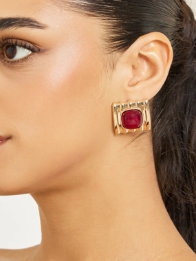 Styli Gold Tone Square Stone Earrings