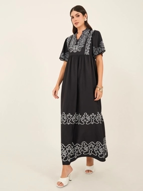 Styli Printed Puff Sleeves A-Line Maxi Dress