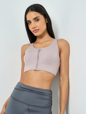Styli Active Pink Front Zip-Up Cross Back Sports Bra - High Support