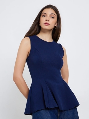 Styli Women Navy Blue Sleeveless Knit Peplum Top