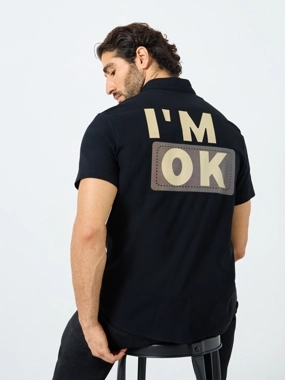 Take Two Slogan Print Mandarin Collar Buttoned Shirt
