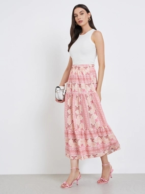 Take Two Floral Print Elastic Waist A-Line Midi Skirt