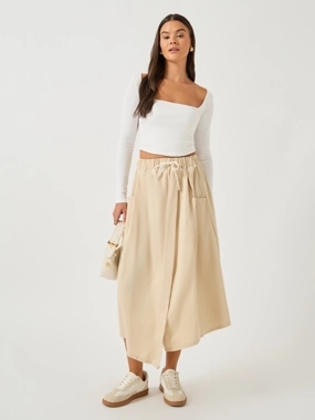 Styli Solid Drawstring Waist A-Line Midi Skirt with Pockets