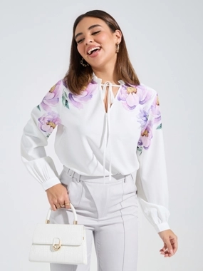 Styli Limited Floral Placement Print Tie-Up Neck Blouse