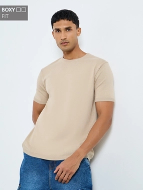 Styli Men Beige Flat Knit Boxy Fit T-Shirt