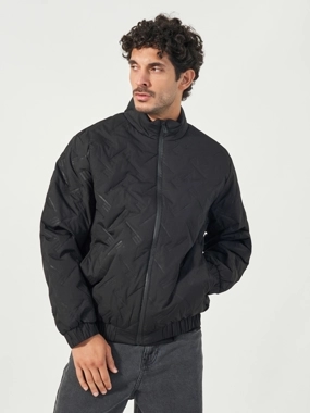 Styli Chevron Quilted Puffer Jacket with Faux Fur Lining and Badge Detail