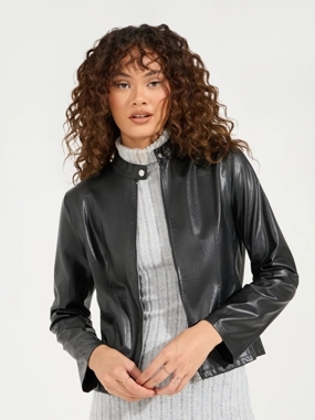 Styli Regular Fit Short Length Leather Look Biker Jacket