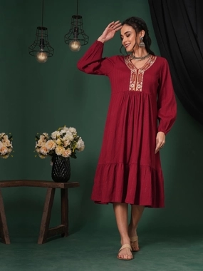 Globus Maroon Embroidered Shimmer Festive Midi Dress