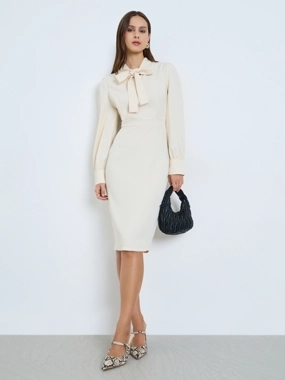 Take Two Solid Tie-Up Neck Fitted Waist Knee Length Dress
