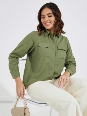 Styli Solid Regular Fit Pocket Detail Long Sleeve Shirt
