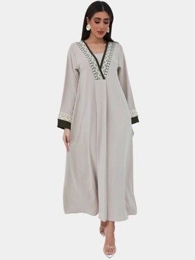 Elena by DStyle Beige Embroidered A-Line Maxi Jalabiya