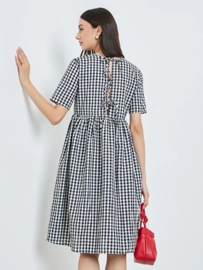Take Two Black Gingham Check Midi Dress with Tie Back