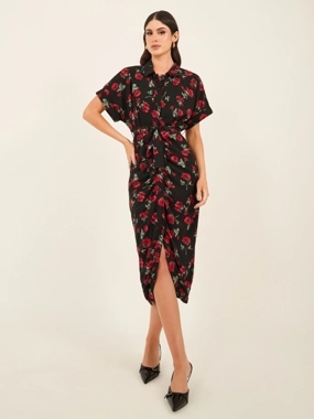 Styli Floral Print Collared Shirt Midi Dress