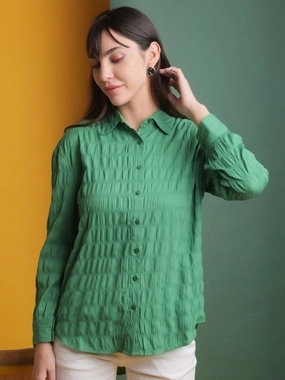 Freehand Women Green Seersucker Oversized Shirt